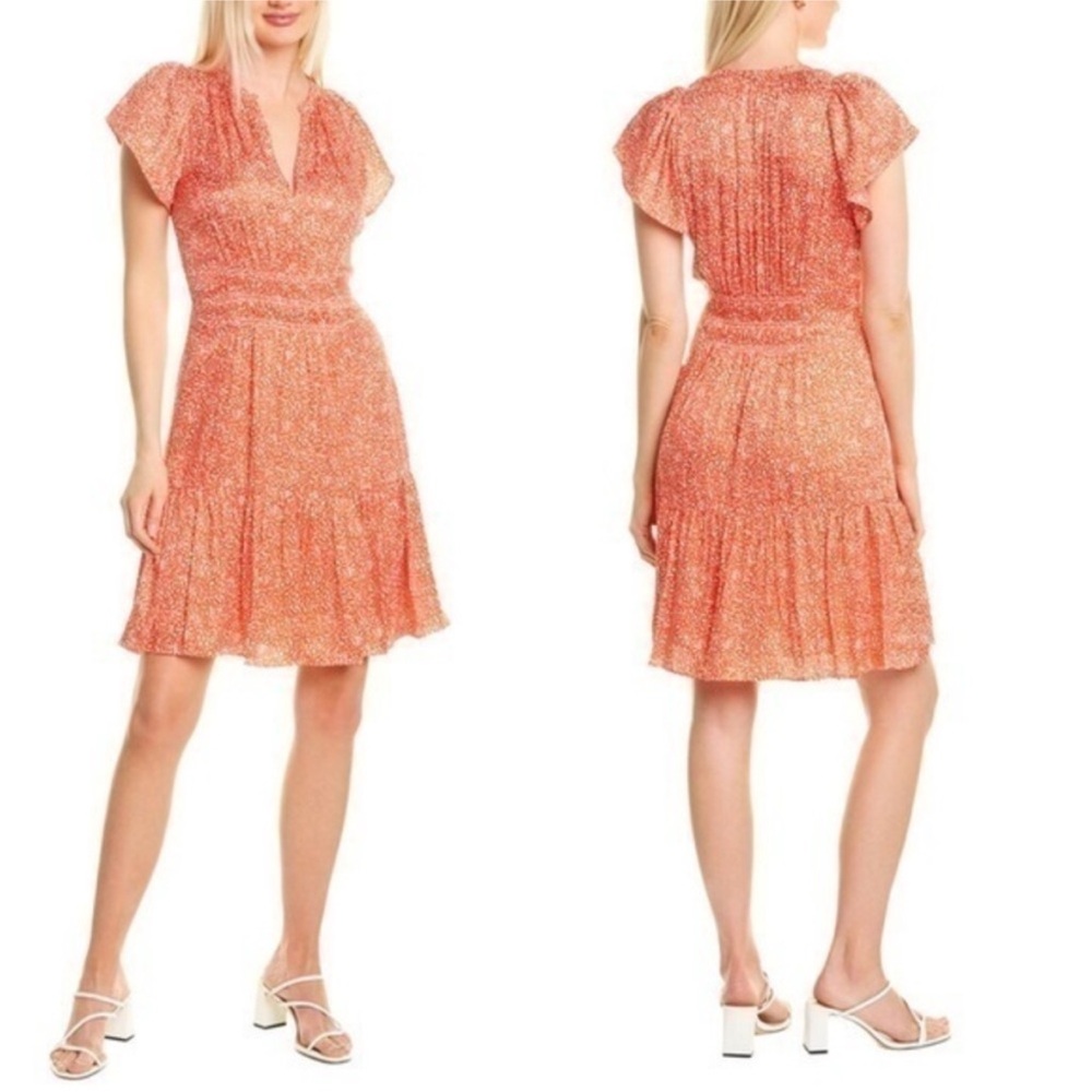 Rebecca Taylor Flutter Sleeve Scribble Print Silk Blend Mini Dress Tomato Sz 12